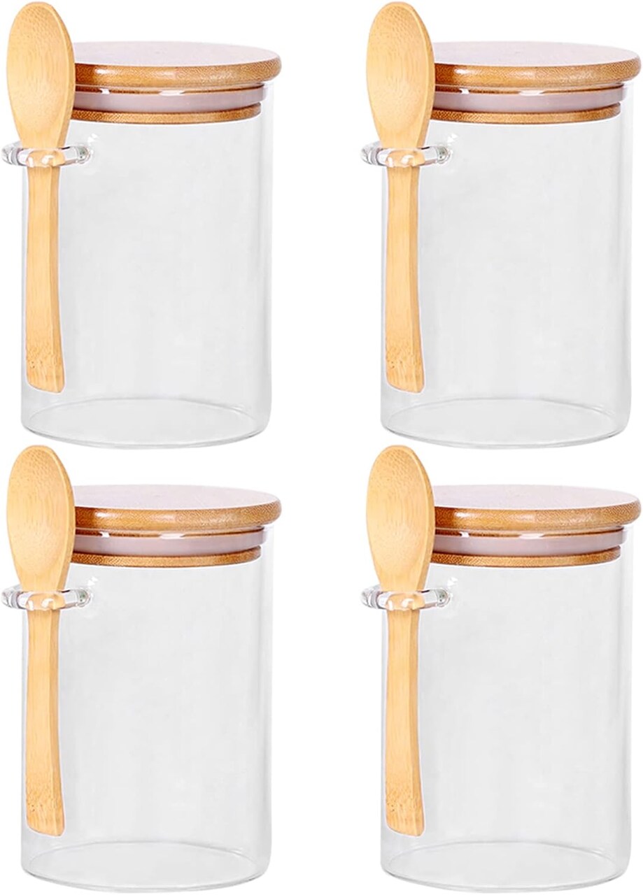 Set of 4 Glass Jars with Bamboo Lids & Spoons for Tea, Coffee, Sugar